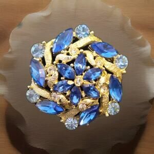 West Germany Signed Vintage Blue Tone Rhinestone & Moulded Glass Cab Brooch